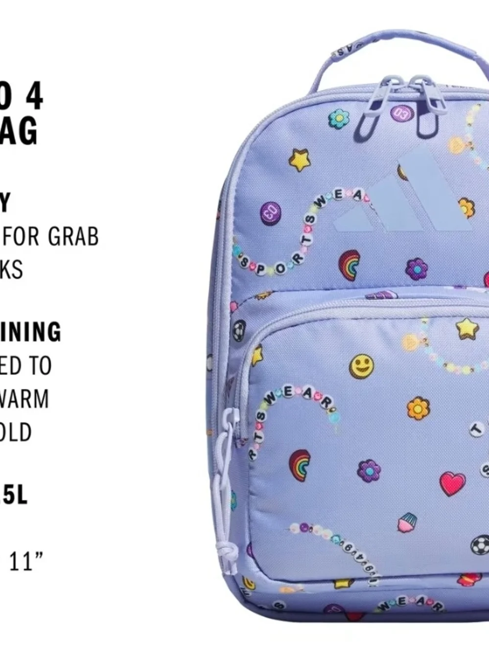 adidas Lavender Girls Lunch Bag with Colorful Emoji Print